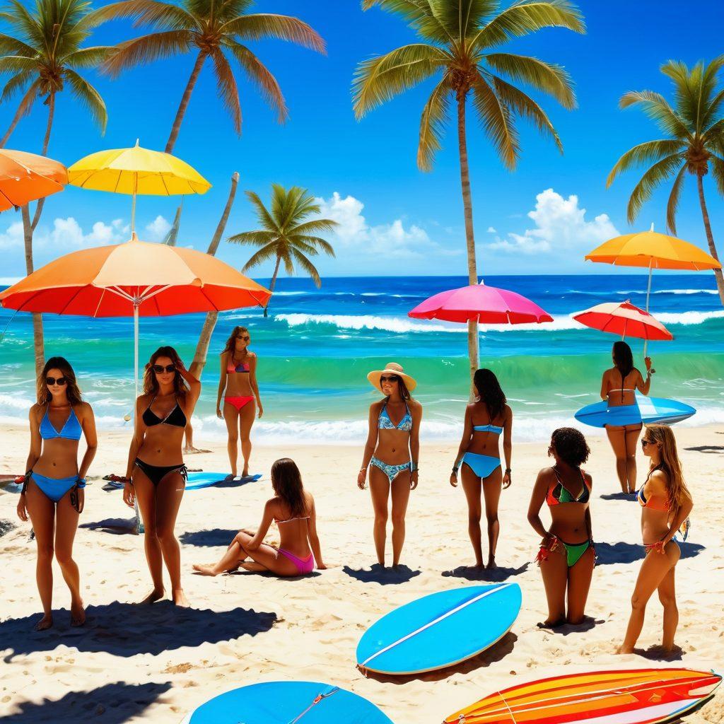 A sun-drenched beach scene featuring a diverse group of fashionable individuals showcasing trendy bikinis and vibrant beachwear. Include colorful beach umbrellas, beach balls, and surfboards in the background. The sandy shore should reflect a lively summer vibe with splashes of waves. Incorporate tropical palm trees and a clear blue sky. super-realistic. vibrant colors.