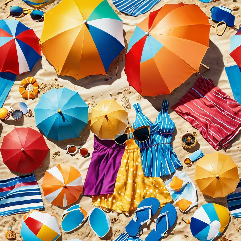 A vibrant beach scene showcasing a stylish selection of summer attire, featuring a colorful beach umbrella, flip-flops, and light floaty dresses, against a backdrop of golden sand and azure waves. Include a sunhat and sunglasses to enhance the summer vibe, with sunbathers and beach balls in the background. Create a warm, sunny atmosphere. super-realistic. vibrant colors.