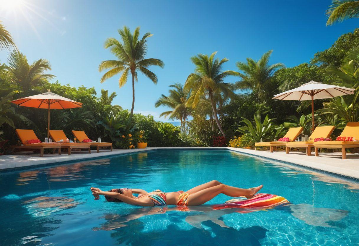 A vibrant scene showcasing a stylish poolside setting transitioning into a stunning beachfront view. Include diverse swimwear styles on models lounging, swimming, and enjoying drinks under colorful umbrellas. Capture the essence of summer with bright sun, clear blue skies, and playful water splashes. Enhance the image with tropical plants and a distant horizon for depth. super-realistic. vibrant colors.